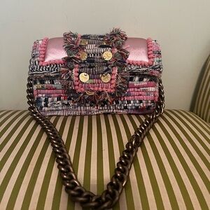 Chic Pink and Multicolor Woven Shoulder Bag